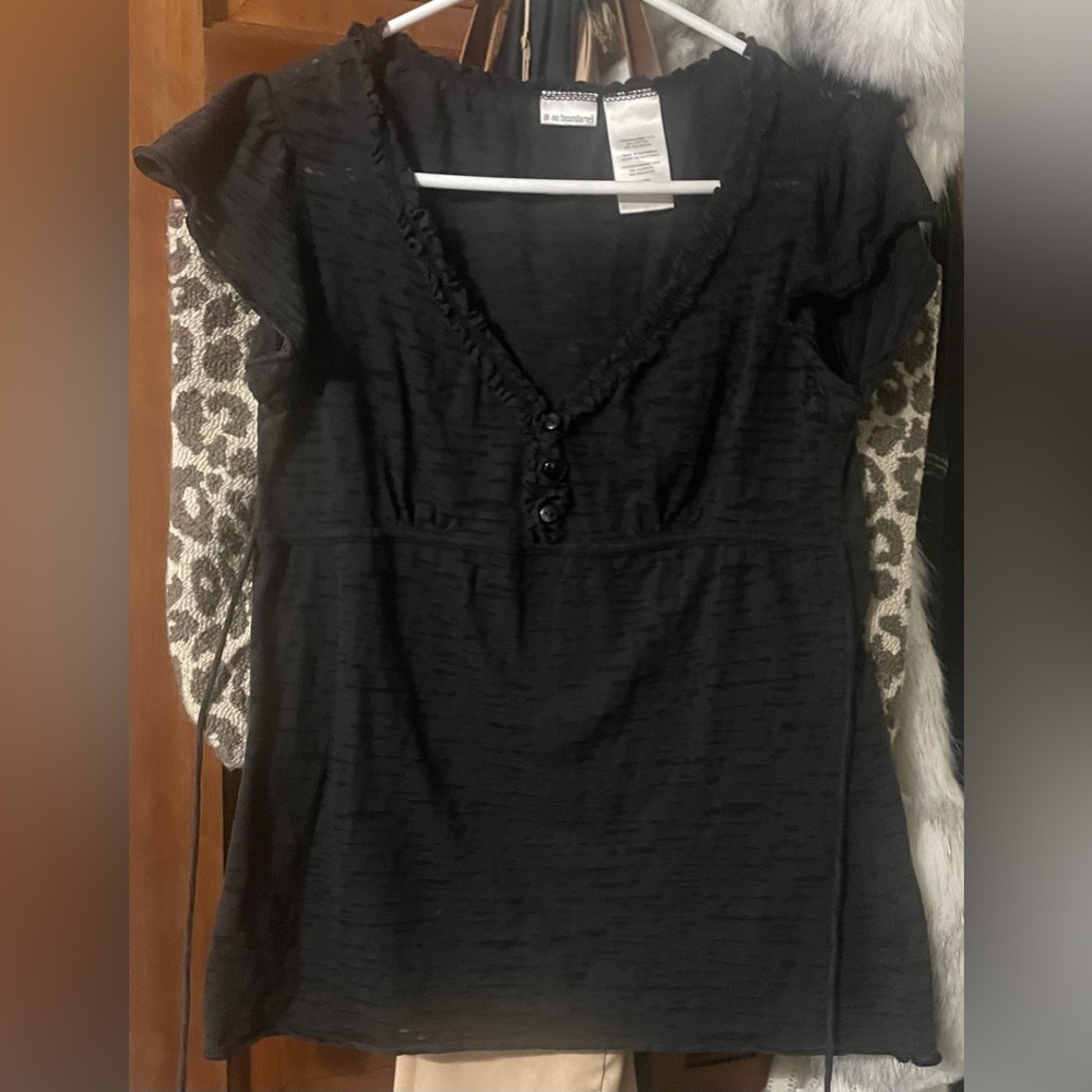 No Boundaries Black V-Neck Ruffle Button Top